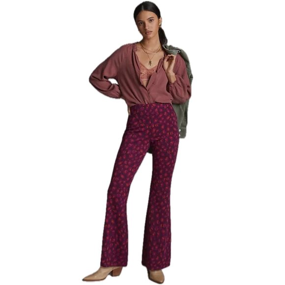 Anthropologie | Plum Knit Flare Pants with Abstract Floral Print | Size XS - Picture 5 of 15